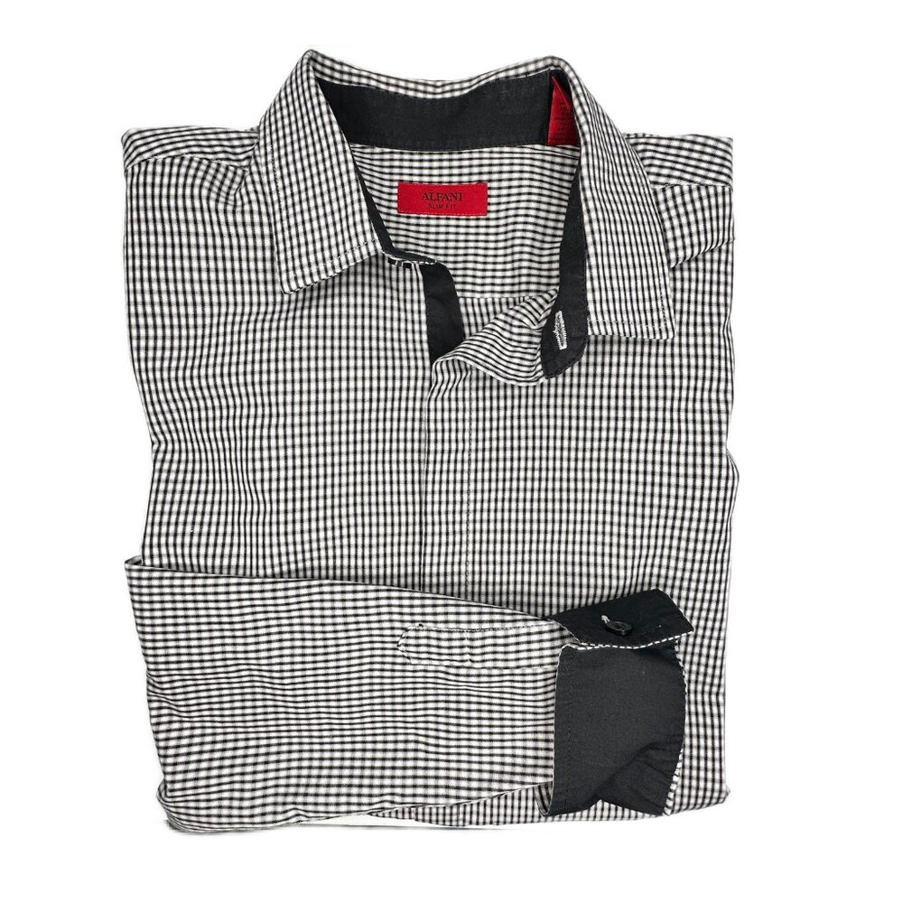 ALFANI | Men’s Dress Shirt  Gingham Slim Fit  | Black and White| Size: L